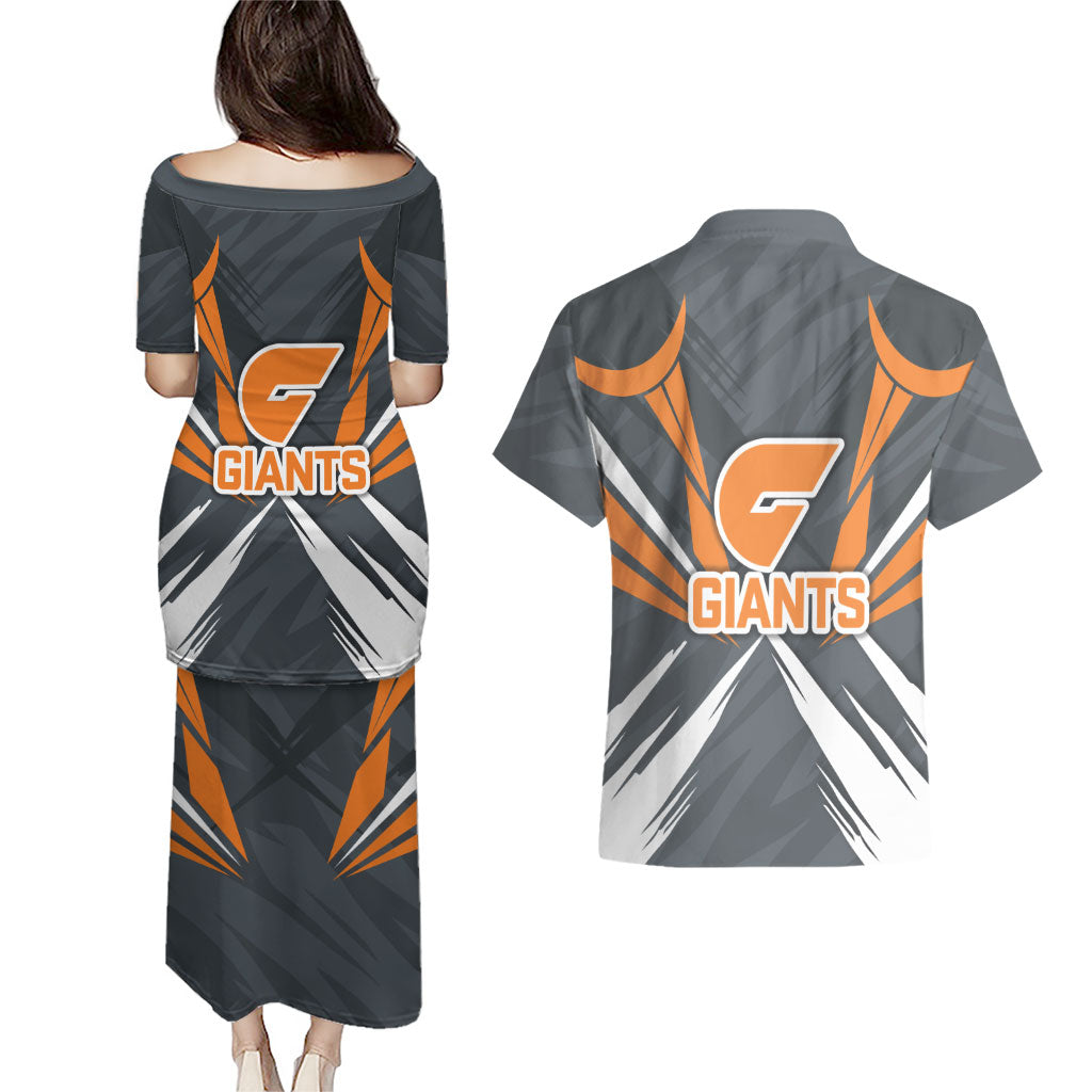 Greater Western Sydney Giants Australian Football Couples Matching Puletasi and Hawaiian Shirt Powerful Muscle Mascot With Geometric Sunburst Motion Art
