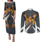 Greater Western Sydney Giants Australian Football Couples Matching Puletasi and Long Sleeve Button Shirt Powerful Muscle Mascot With Geometric Sunburst Motion Art