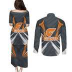Greater Western Sydney Giants Australian Football Couples Matching Puletasi and Long Sleeve Button Shirt Powerful Muscle Mascot With Geometric Sunburst Motion Art