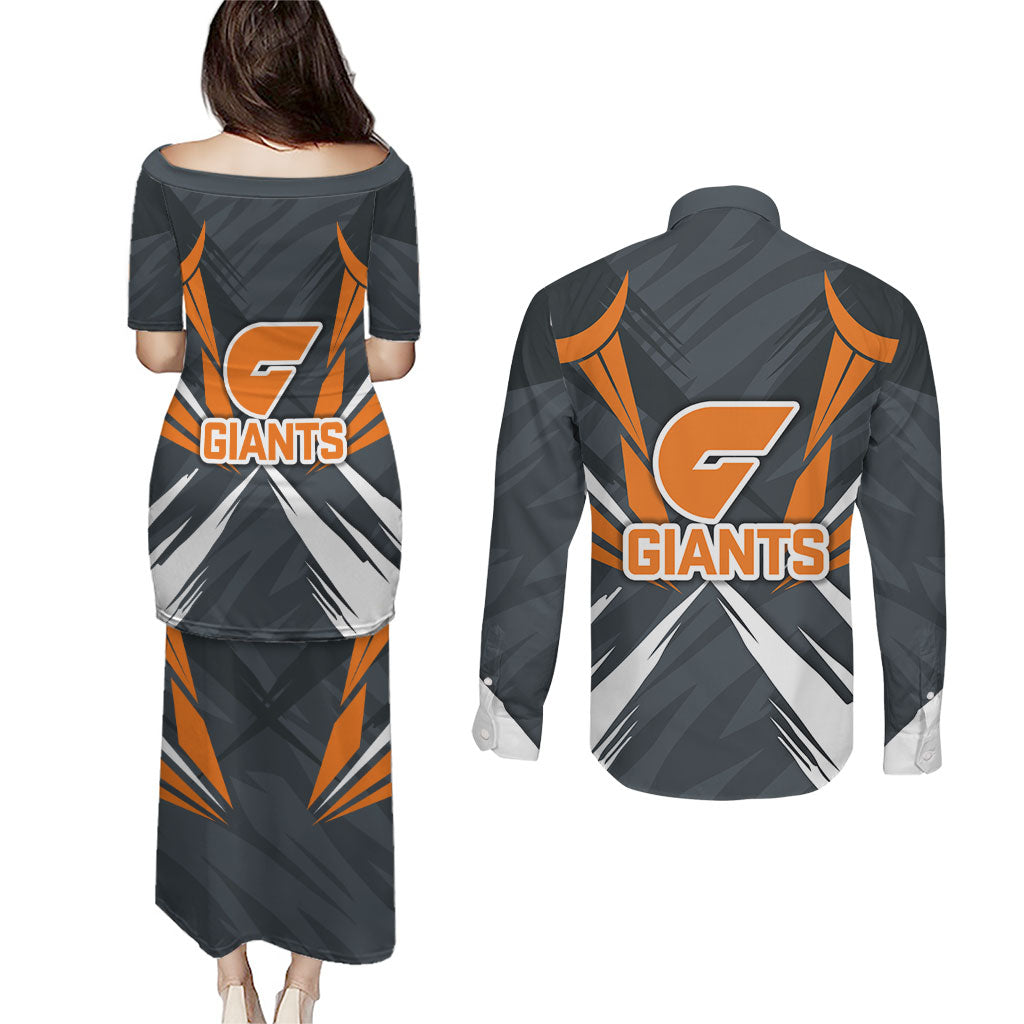 Greater Western Sydney Giants Australian Football Couples Matching Puletasi and Long Sleeve Button Shirt Powerful Muscle Mascot With Geometric Sunburst Motion Art