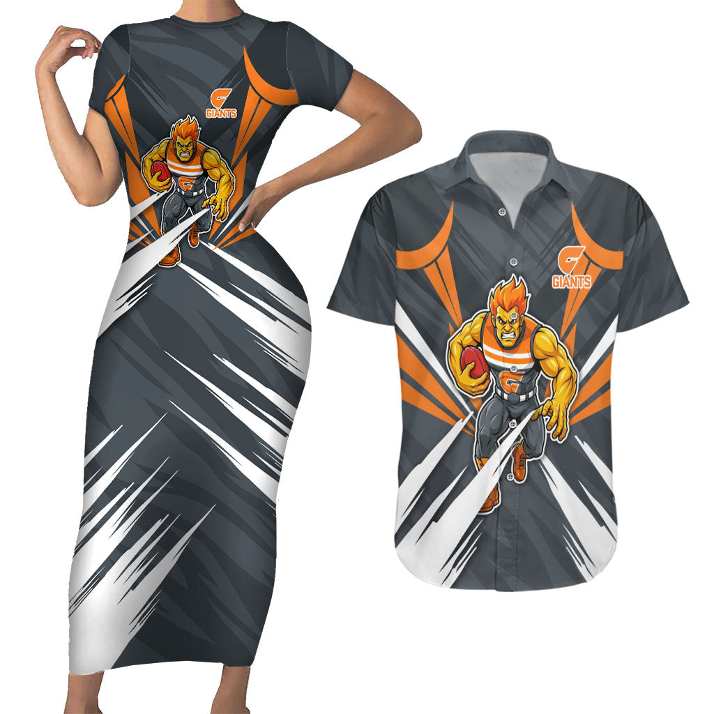 Greater Western Sydney Giants Australian Football Couples Matching Short Sleeve Bodycon Dress and Hawaiian Shirt Powerful Muscle Mascot With Geometric Sunburst Motion Art