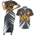 Greater Western Sydney Giants Australian Football Couples Matching Short Sleeve Bodycon Dress and Hawaiian Shirt Powerful Muscle Mascot With Geometric Sunburst Motion Art