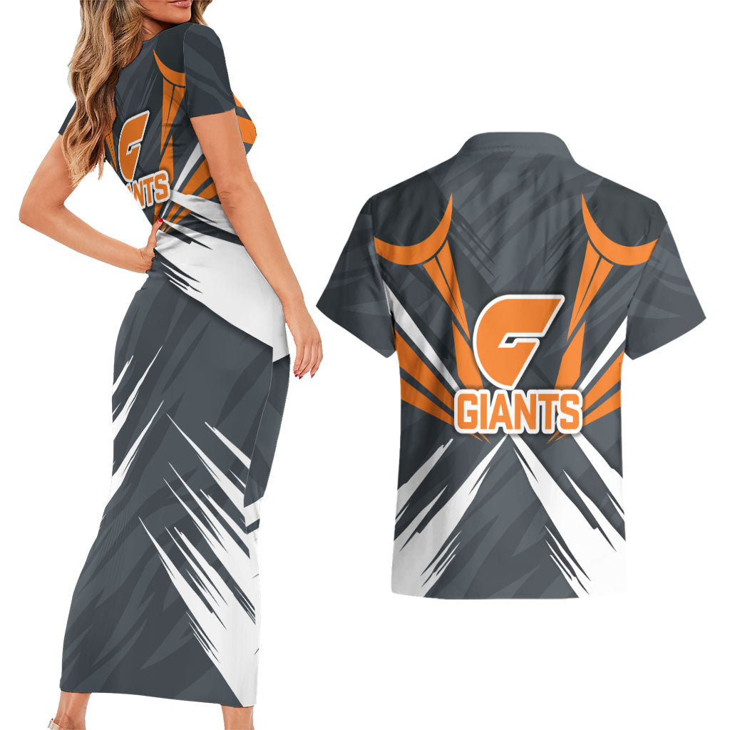 Greater Western Sydney Giants Australian Football Couples Matching Short Sleeve Bodycon Dress and Hawaiian Shirt Powerful Muscle Mascot With Geometric Sunburst Motion Art