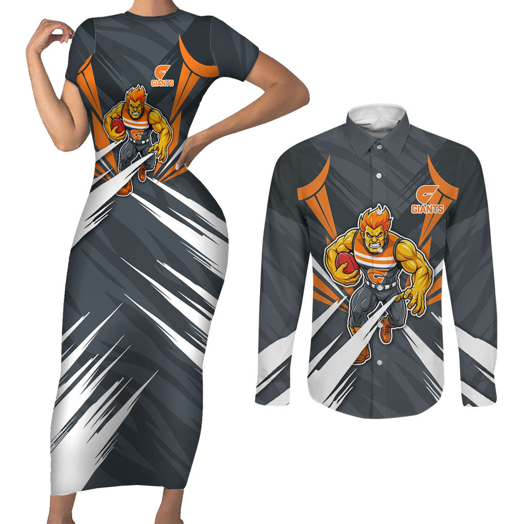 Greater Western Sydney Giants Australian Football Couples Matching Short Sleeve Bodycon Dress and Long Sleeve Button Shirt Powerful Muscle Mascot With Geometric Sunburst Motion Art