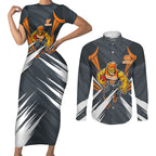 Greater Western Sydney Giants Australian Football Couples Matching Short Sleeve Bodycon Dress and Long Sleeve Button Shirt Powerful Muscle Mascot With Geometric Sunburst Motion Art