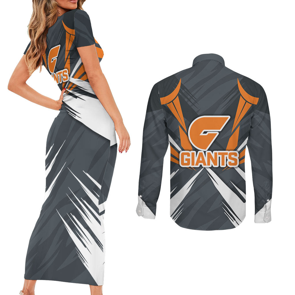 Greater Western Sydney Giants Australian Football Couples Matching Short Sleeve Bodycon Dress and Long Sleeve Button Shirt Powerful Muscle Mascot With Geometric Sunburst Motion Art