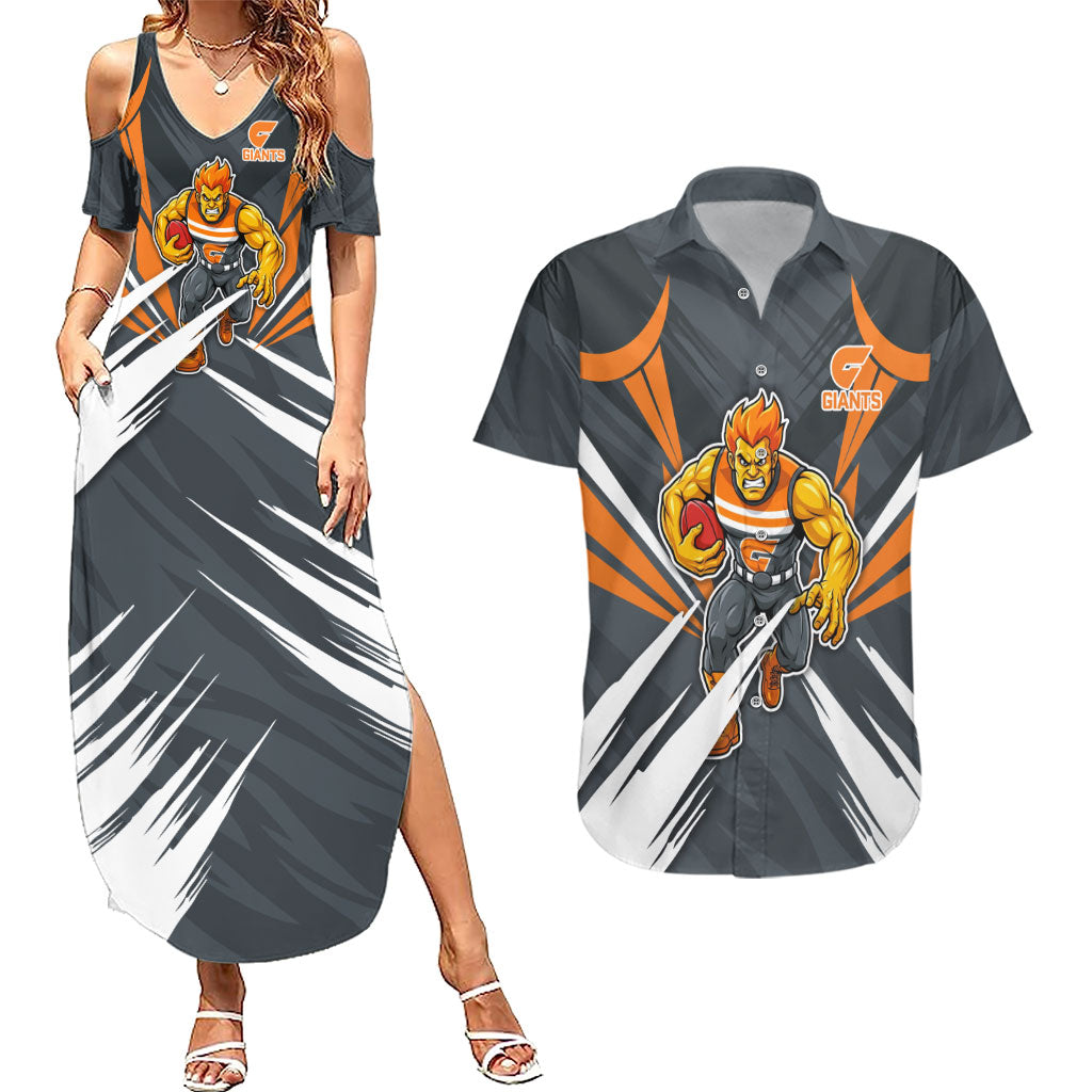 Greater Western Sydney Giants Australian Football Couples Matching Summer Maxi Dress and Hawaiian Shirt Powerful Muscle Mascot With Geometric Sunburst Motion Art