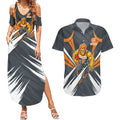 Greater Western Sydney Giants Australian Football Couples Matching Summer Maxi Dress and Hawaiian Shirt Powerful Muscle Mascot With Geometric Sunburst Motion Art