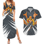 Greater Western Sydney Giants Australian Football Couples Matching Summer Maxi Dress and Hawaiian Shirt Powerful Muscle Mascot With Geometric Sunburst Motion Art