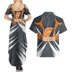 Greater Western Sydney Giants Australian Football Couples Matching Summer Maxi Dress and Hawaiian Shirt Powerful Muscle Mascot With Geometric Sunburst Motion Art