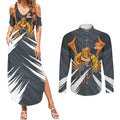 Greater Western Sydney Giants Australian Football Couples Matching Summer Maxi Dress and Long Sleeve Button Shirt Powerful Muscle Mascot With Geometric Sunburst Motion Art