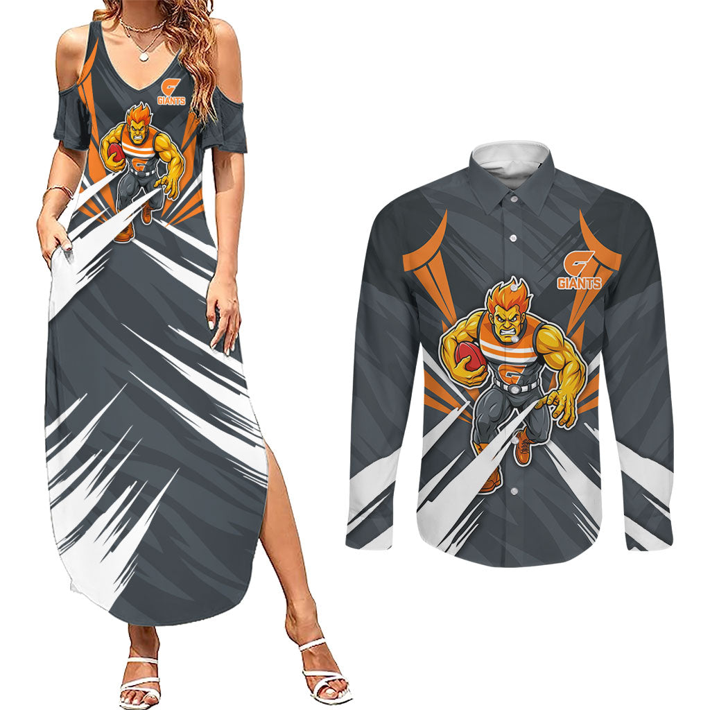 Greater Western Sydney Giants Australian Football Couples Matching Summer Maxi Dress and Long Sleeve Button Shirt Powerful Muscle Mascot With Geometric Sunburst Motion Art