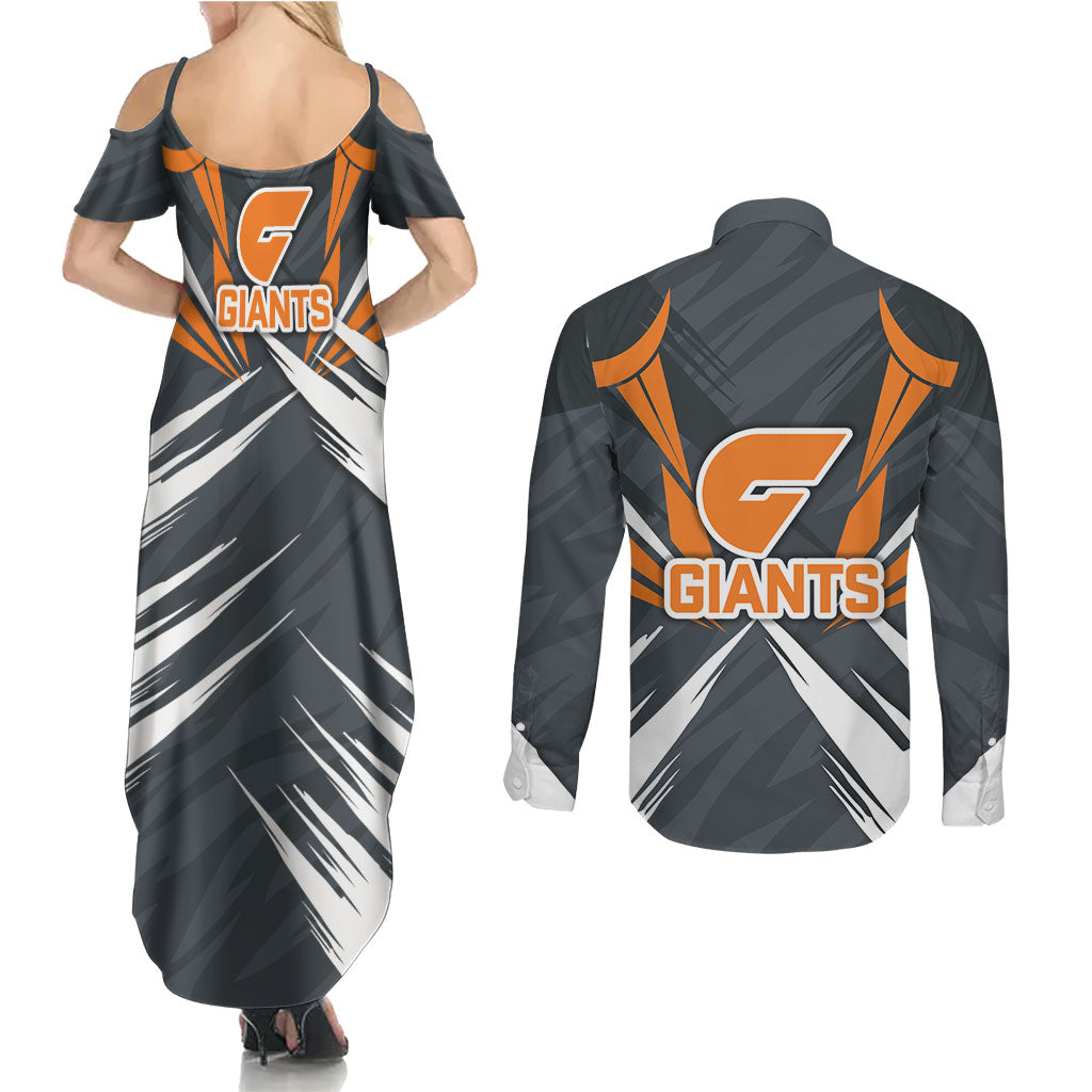 Greater Western Sydney Giants Australian Football Couples Matching Summer Maxi Dress and Long Sleeve Button Shirt Powerful Muscle Mascot With Geometric Sunburst Motion Art