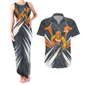 Greater Western Sydney Giants Australian Football Couples Matching Tank Maxi Dress and Hawaiian Shirt Powerful Muscle Mascot With Geometric Sunburst Motion Art