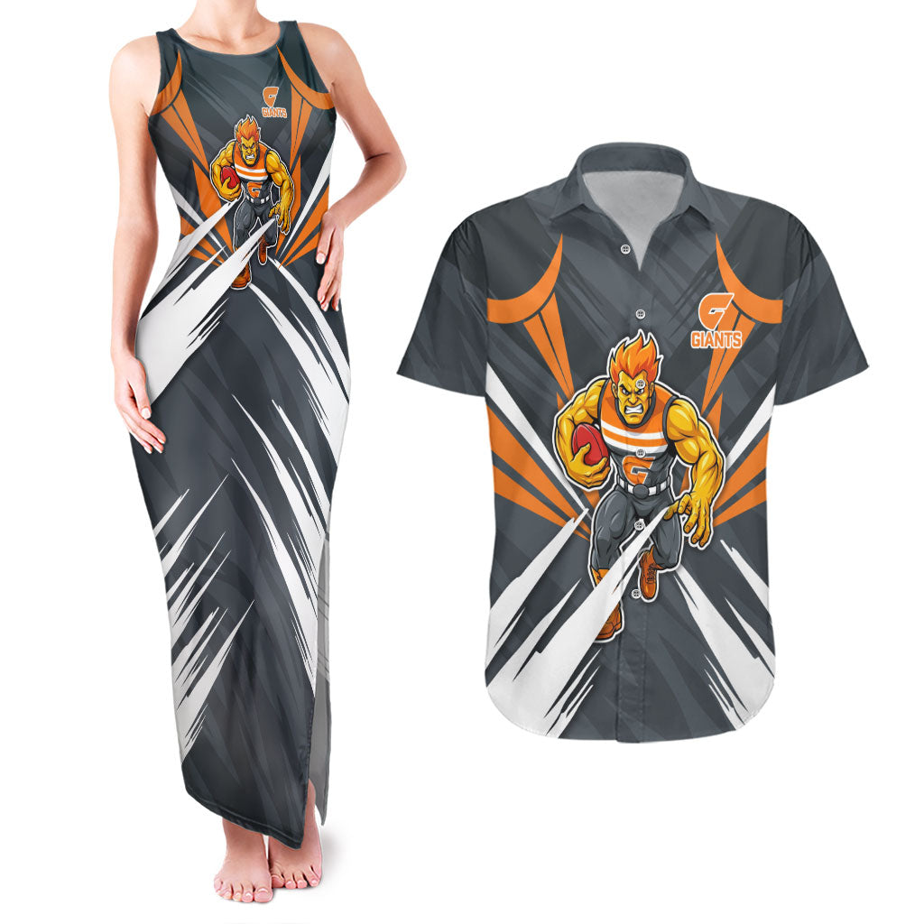 Greater Western Sydney Giants Australian Football Couples Matching Tank Maxi Dress and Hawaiian Shirt Powerful Muscle Mascot With Geometric Sunburst Motion Art