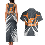 Greater Western Sydney Giants Australian Football Couples Matching Tank Maxi Dress and Hawaiian Shirt Powerful Muscle Mascot With Geometric Sunburst Motion Art