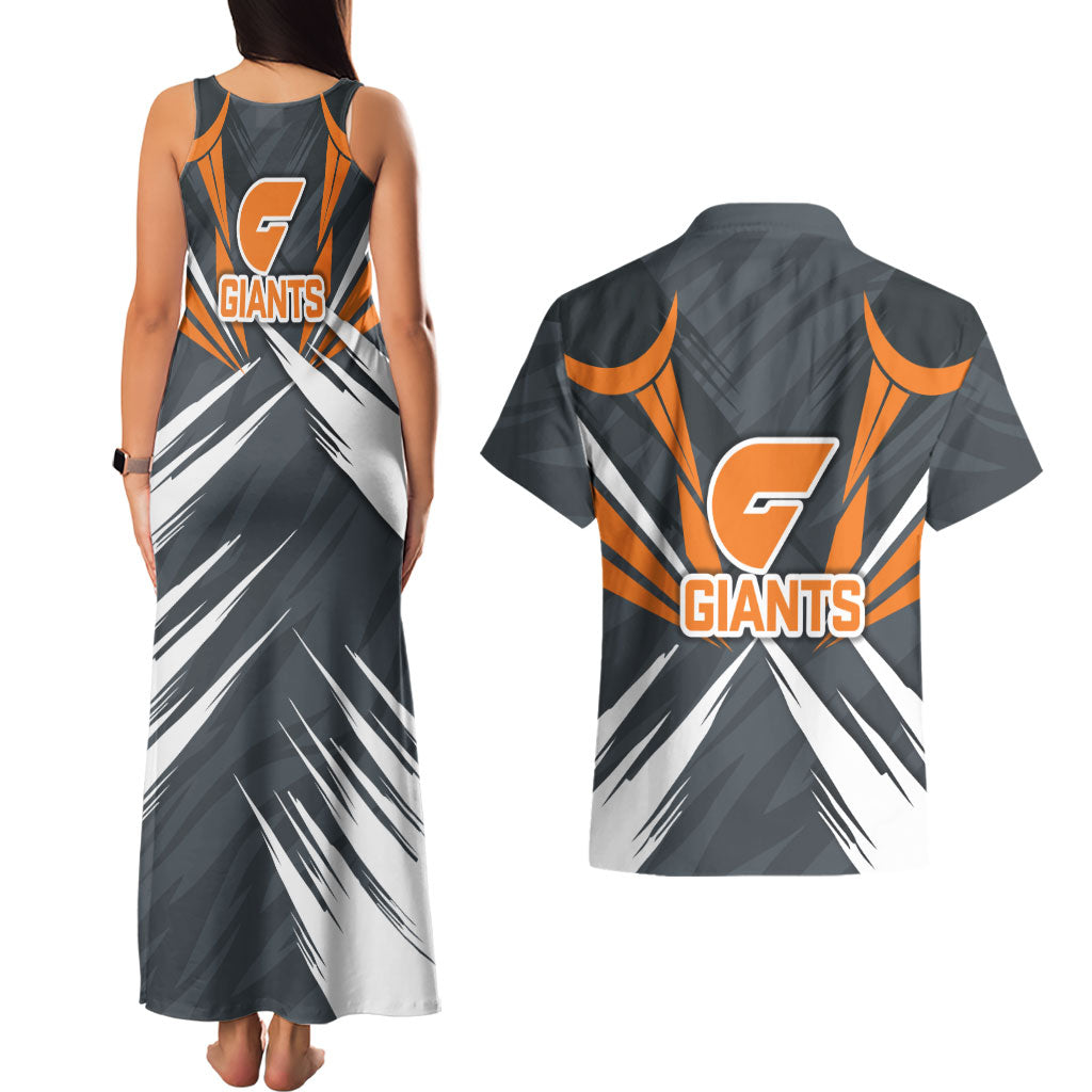 Greater Western Sydney Giants Australian Football Couples Matching Tank Maxi Dress and Hawaiian Shirt Powerful Muscle Mascot With Geometric Sunburst Motion Art