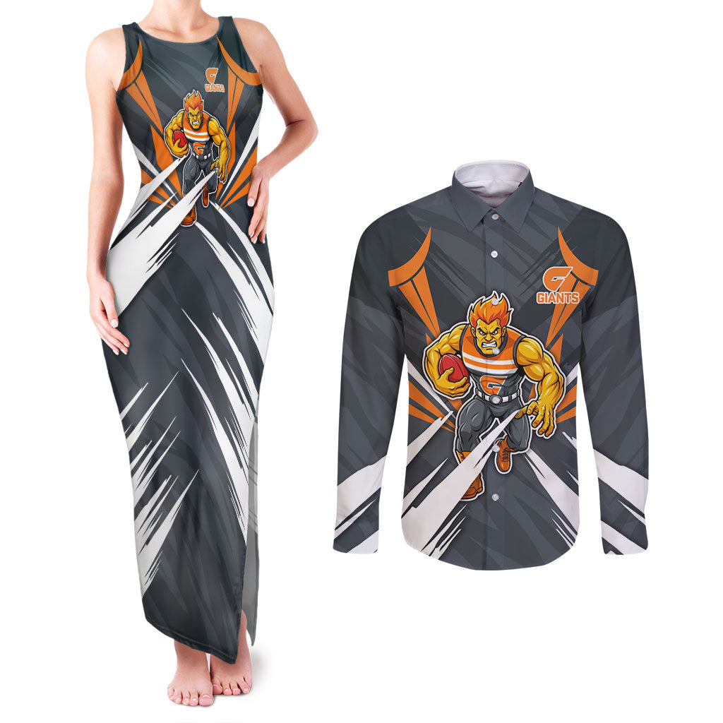Greater Western Sydney Giants Australian Football Couples Matching Tank Maxi Dress and Long Sleeve Button Shirt Powerful Muscle Mascot With Geometric Sunburst Motion Art