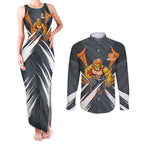 Greater Western Sydney Giants Australian Football Couples Matching Tank Maxi Dress and Long Sleeve Button Shirt Powerful Muscle Mascot With Geometric Sunburst Motion Art