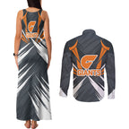 Greater Western Sydney Giants Australian Football Couples Matching Tank Maxi Dress and Long Sleeve Button Shirt Powerful Muscle Mascot With Geometric Sunburst Motion Art