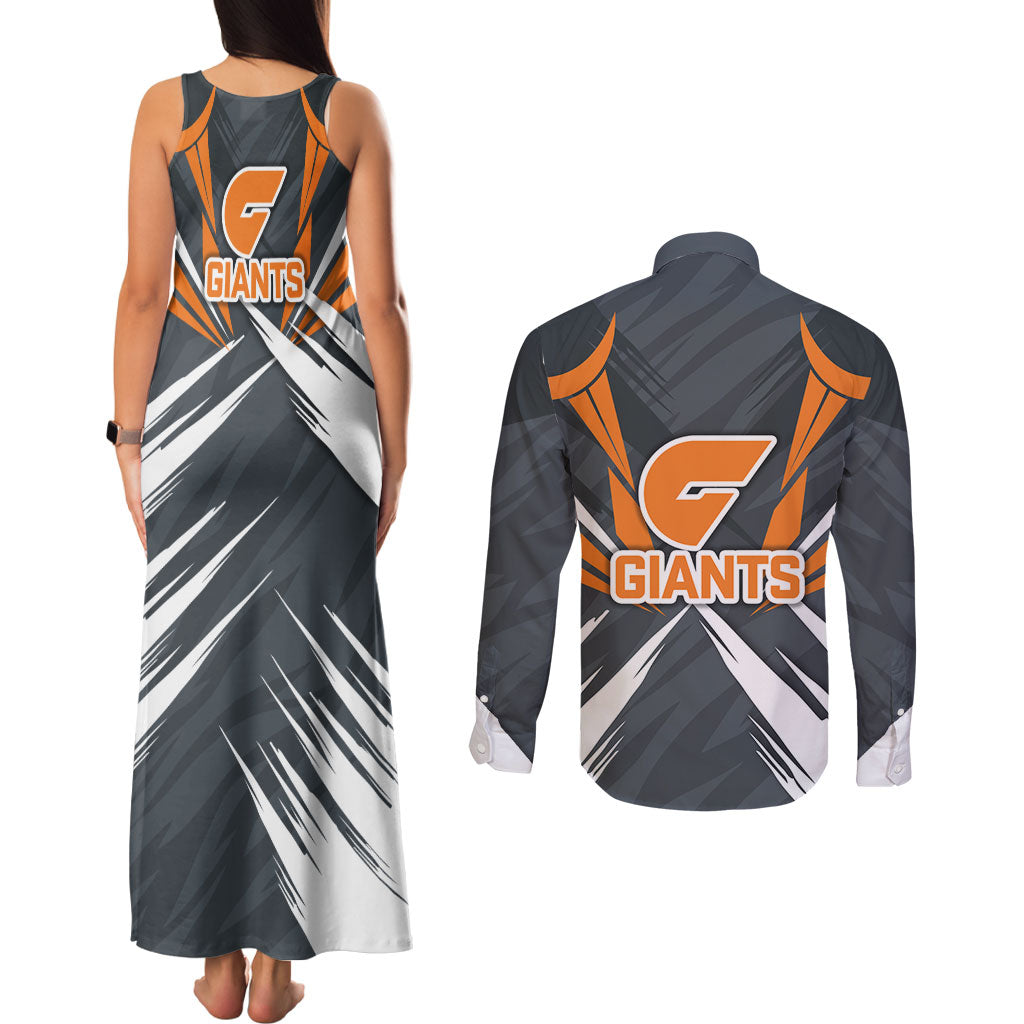 Greater Western Sydney Giants Australian Football Couples Matching Tank Maxi Dress and Long Sleeve Button Shirt Powerful Muscle Mascot With Geometric Sunburst Motion Art