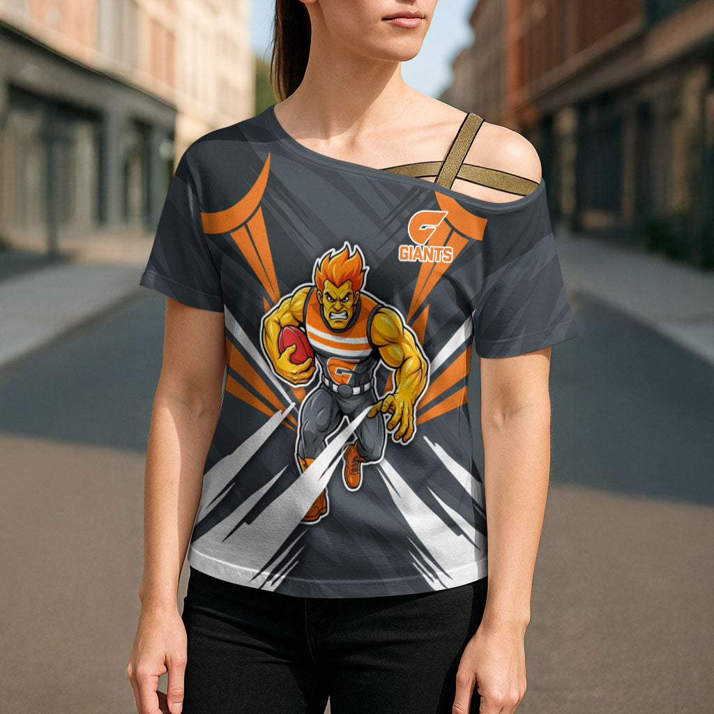 Greater Western Sydney Giants Australian Football Cross Shoulder Shirt Powerful Muscle Mascot With Geometric Sunburst Motion Art
