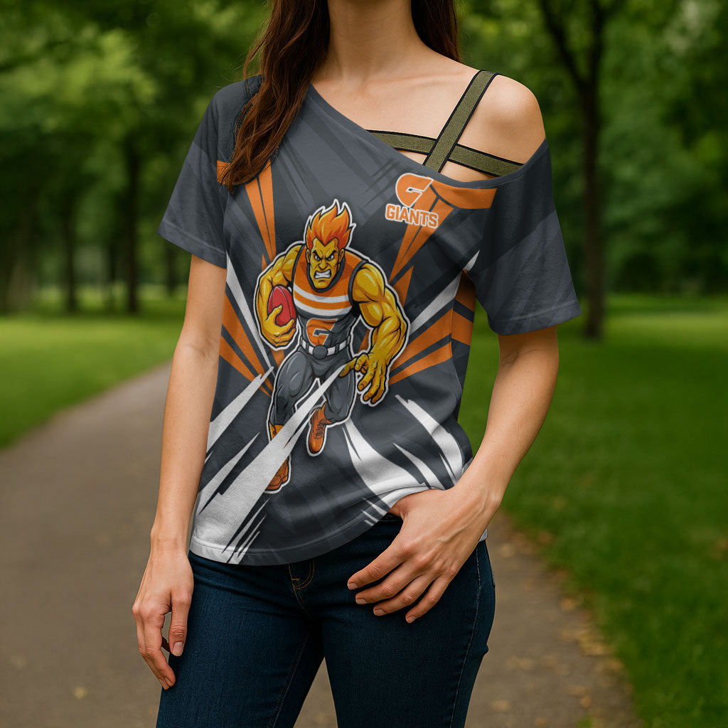 Greater Western Sydney Giants Australian Football Cross Shoulder Shirt Powerful Muscle Mascot With Geometric Sunburst Motion Art