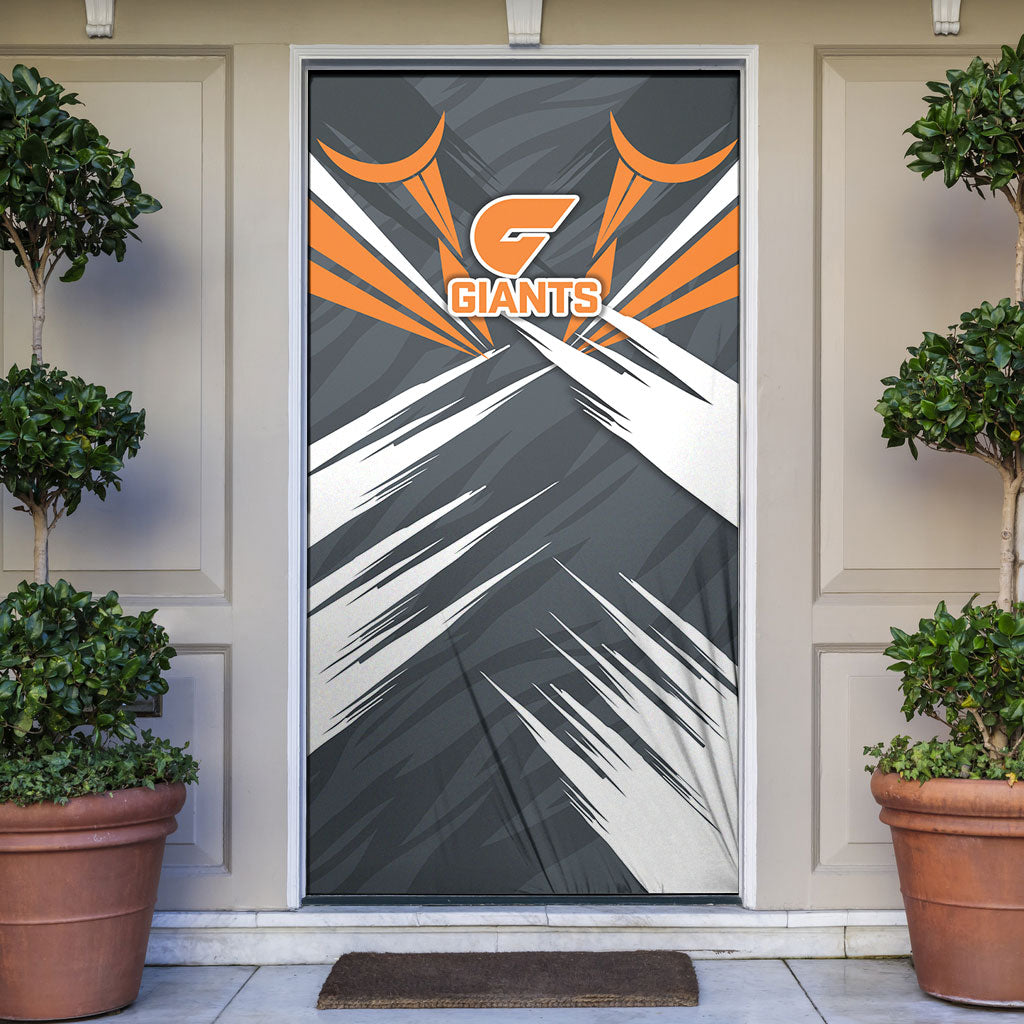 Greater Western Sydney Giants Australian Football Door Cover Powerful Muscle Mascot With Geometric Sunburst Motion Art