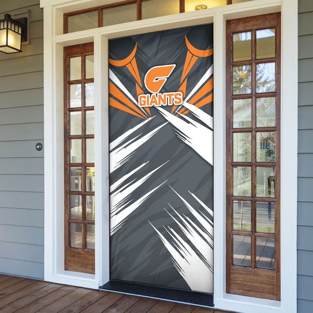 Greater Western Sydney Giants Australian Football Door Cover Powerful Muscle Mascot With Geometric Sunburst Motion Art