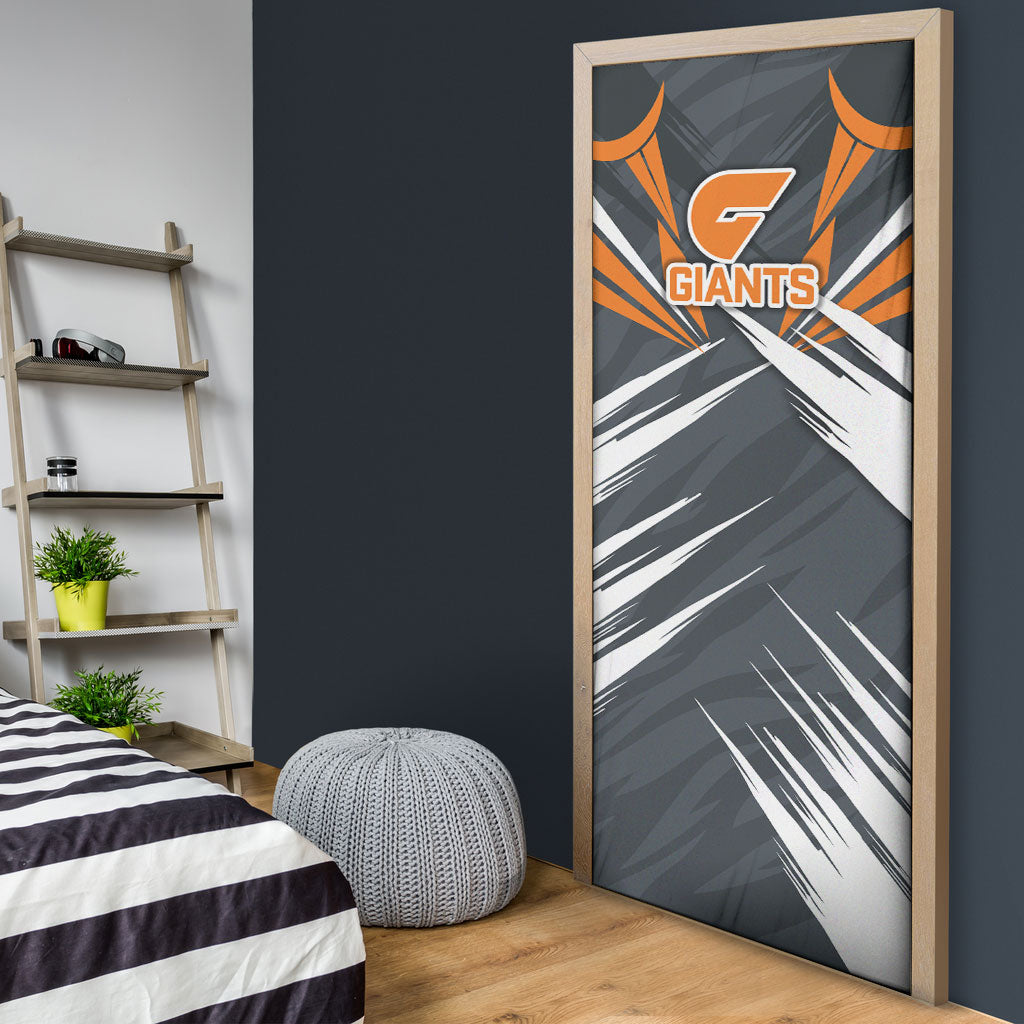 Greater Western Sydney Giants Australian Football Door Cover Powerful Muscle Mascot With Geometric Sunburst Motion Art