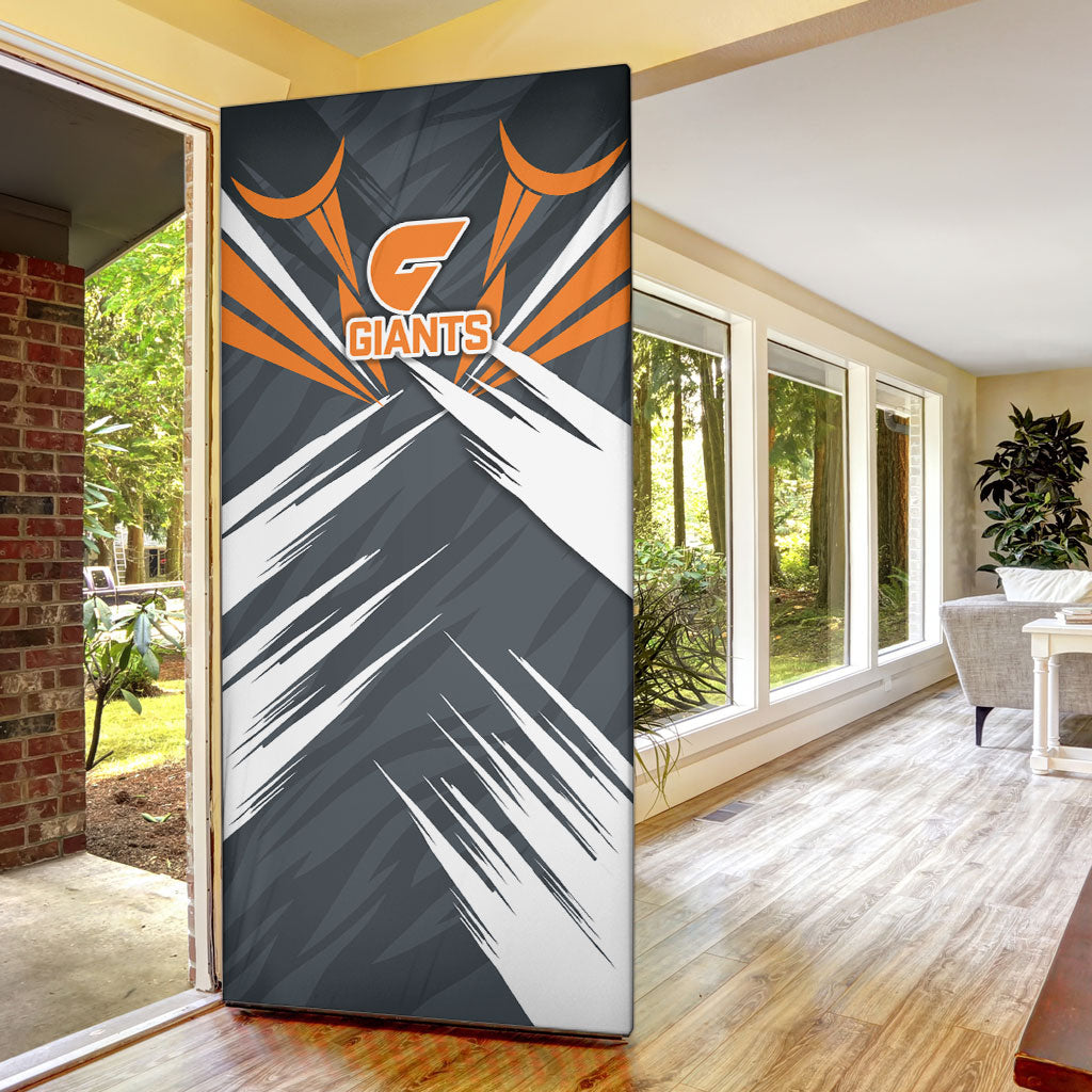 Greater Western Sydney Giants Australian Football Door Cover Powerful Muscle Mascot With Geometric Sunburst Motion Art