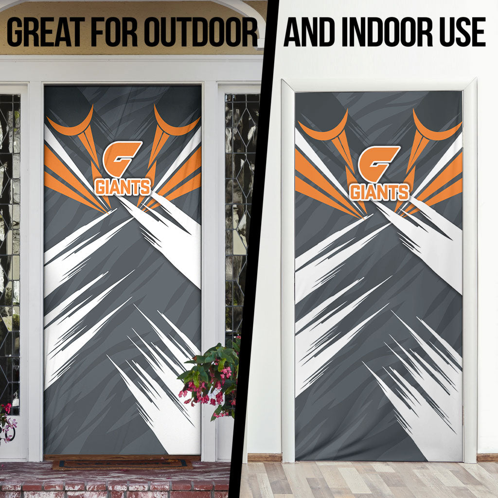 Greater Western Sydney Giants Australian Football Door Cover Powerful Muscle Mascot With Geometric Sunburst Motion Art