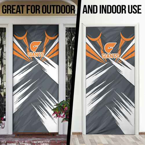 Greater Western Sydney Giants Australian Football Door Cover Powerful Muscle Mascot With Geometric Sunburst Motion Art
