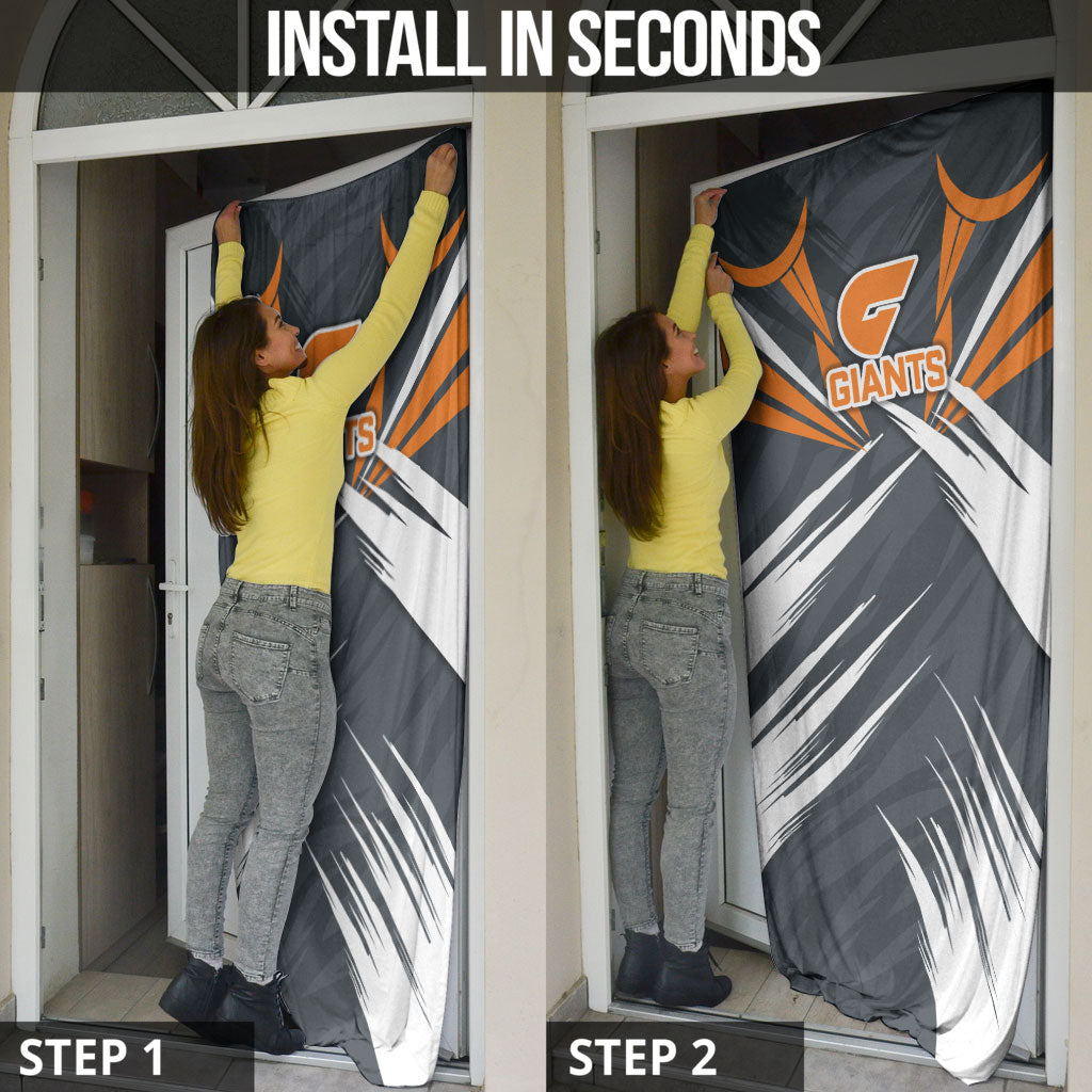 Greater Western Sydney Giants Australian Football Door Cover Powerful Muscle Mascot With Geometric Sunburst Motion Art
