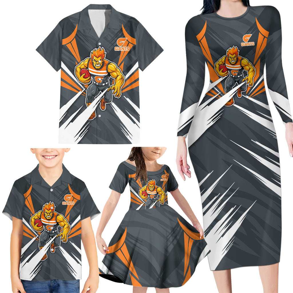 Greater Western Sydney Giants Australian Football Family Matching Long Sleeve Bodycon Dress and Hawaiian Shirt Powerful Muscle Mascot With Geometric Sunburst Motion Art