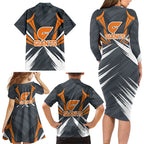 Greater Western Sydney Giants Australian Football Family Matching Long Sleeve Bodycon Dress and Hawaiian Shirt Powerful Muscle Mascot With Geometric Sunburst Motion Art