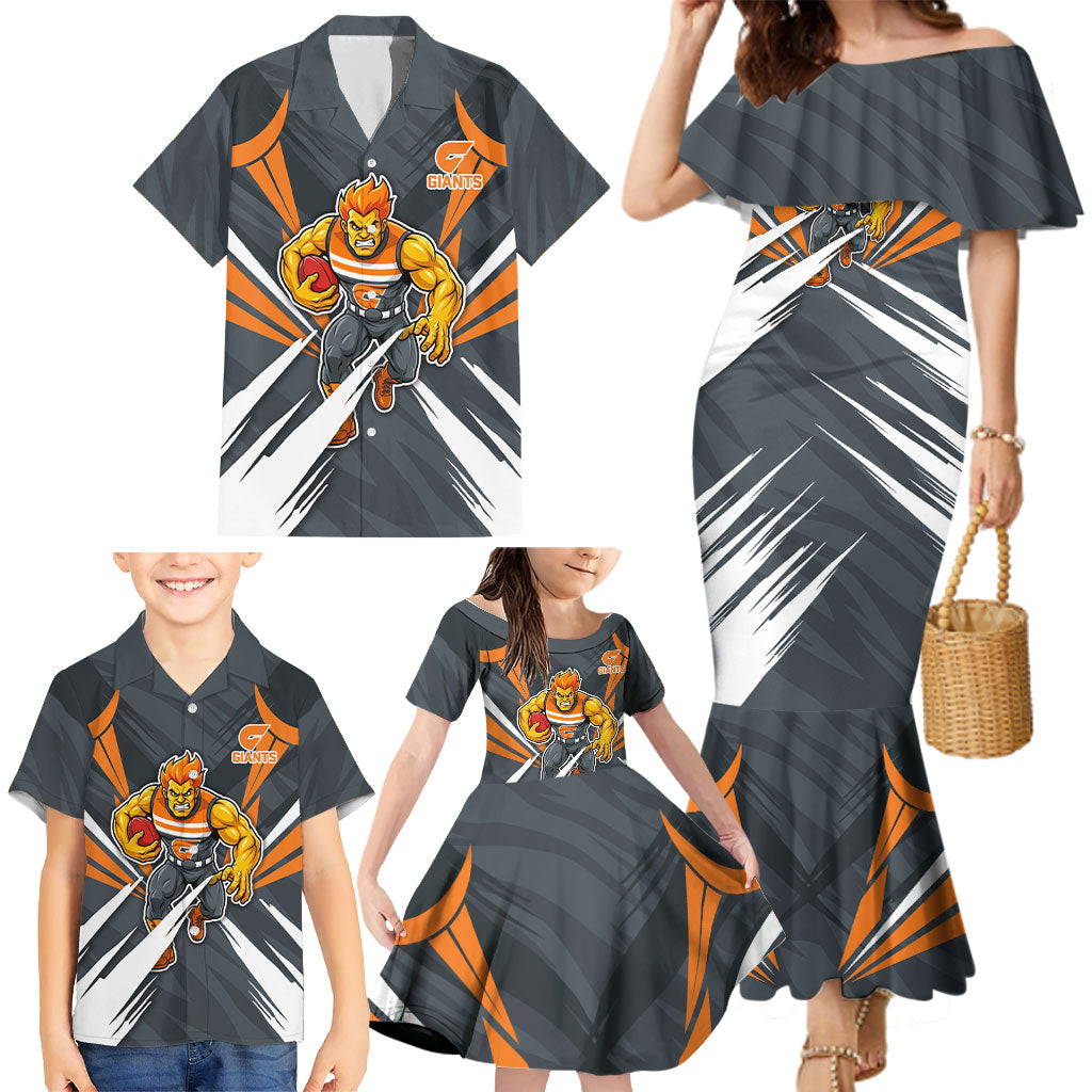 Greater Western Sydney Giants Australian Football Family Matching Mermaid Dress and Hawaiian Shirt Powerful Muscle Mascot With Geometric Sunburst Motion Art