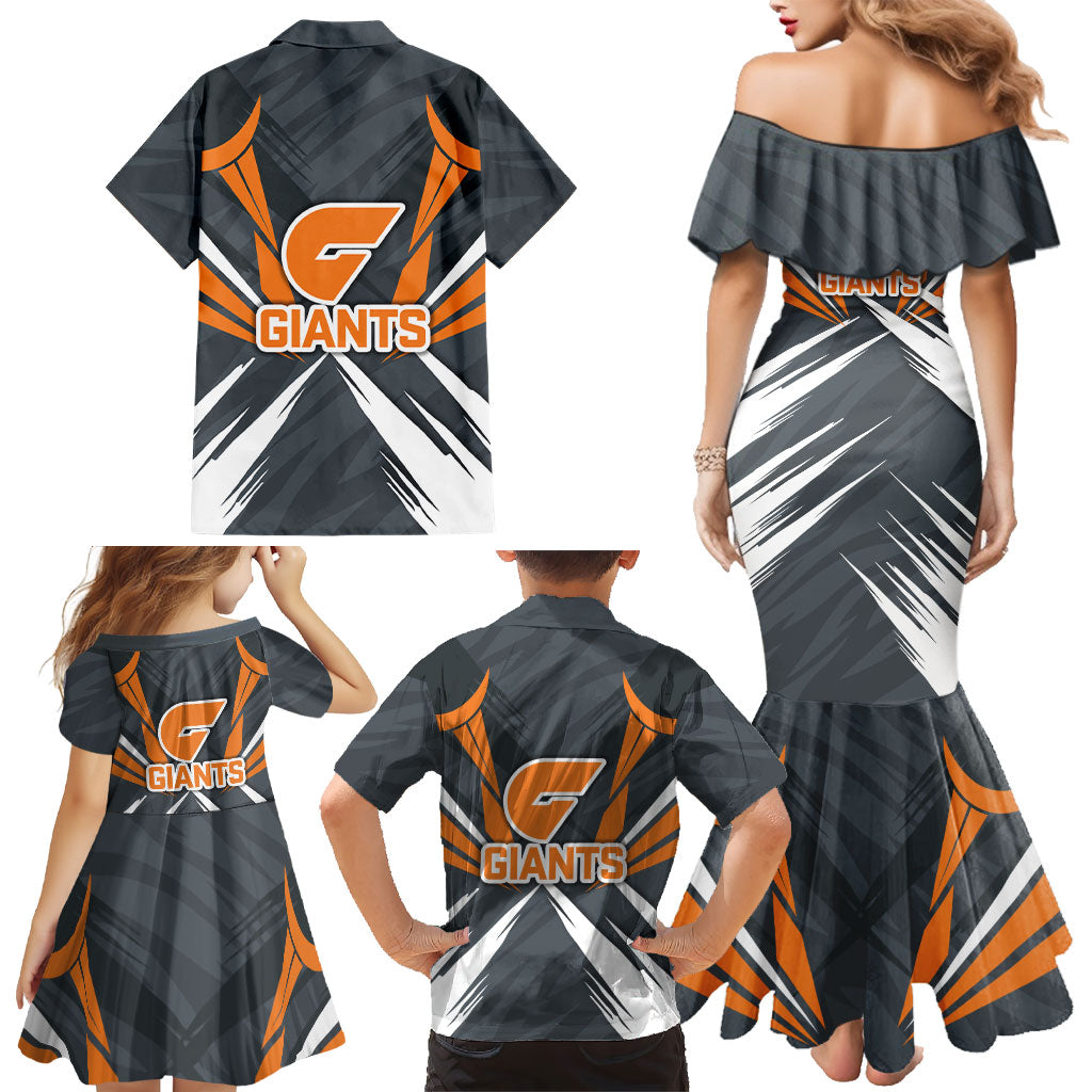 Greater Western Sydney Giants Australian Football Family Matching Mermaid Dress and Hawaiian Shirt Powerful Muscle Mascot With Geometric Sunburst Motion Art