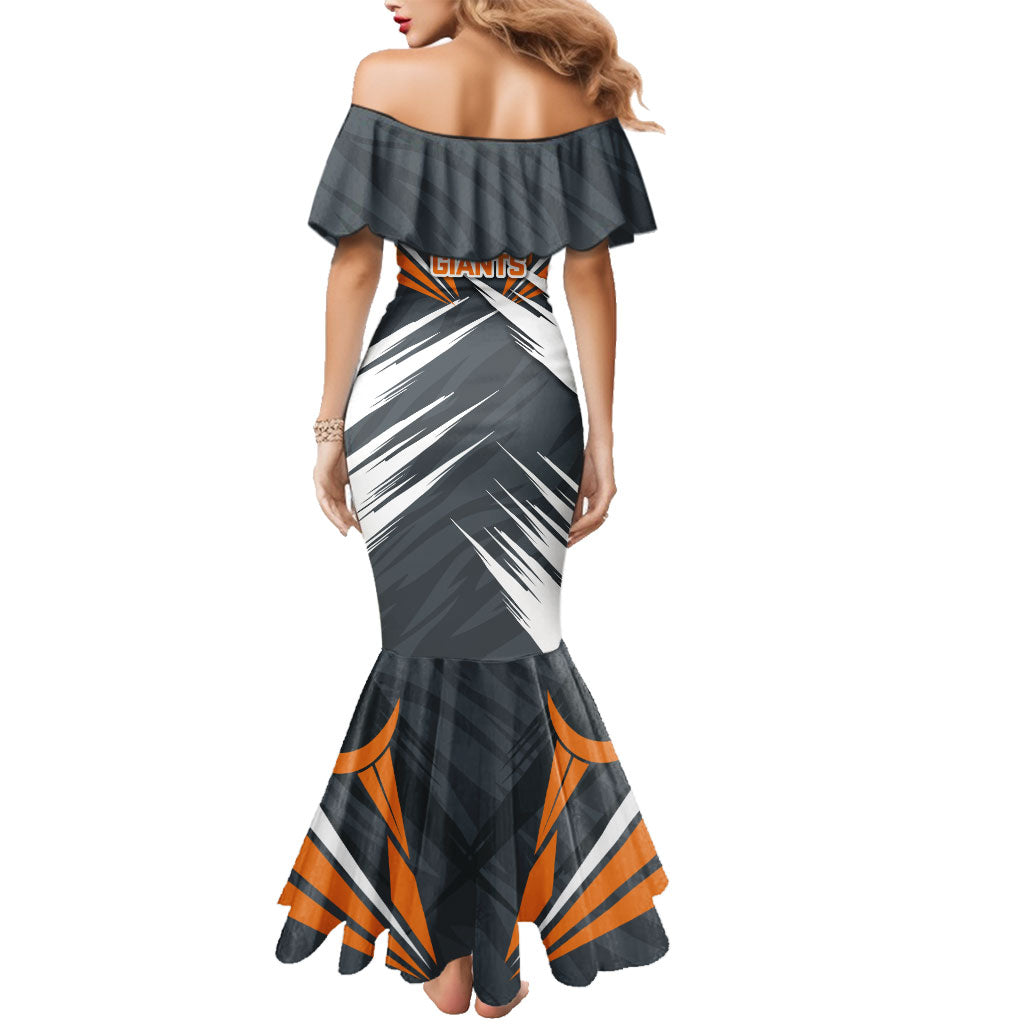 Greater Western Sydney Giants Australian Football Family Matching Mermaid Dress and Hawaiian Shirt Powerful Muscle Mascot With Geometric Sunburst Motion Art