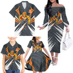 Greater Western Sydney Giants Australian Football Family Matching Off The Shoulder Long Sleeve Dress and Hawaiian Shirt Powerful Muscle Mascot With Geometric Sunburst Motion Art