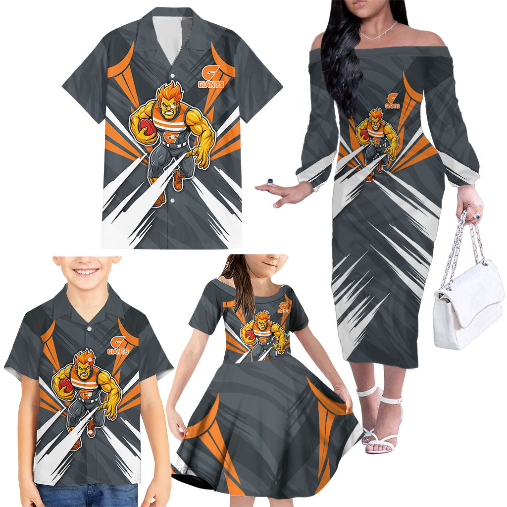 Greater Western Sydney Giants Australian Football Family Matching Off The Shoulder Long Sleeve Dress and Hawaiian Shirt Powerful Muscle Mascot With Geometric Sunburst Motion Art