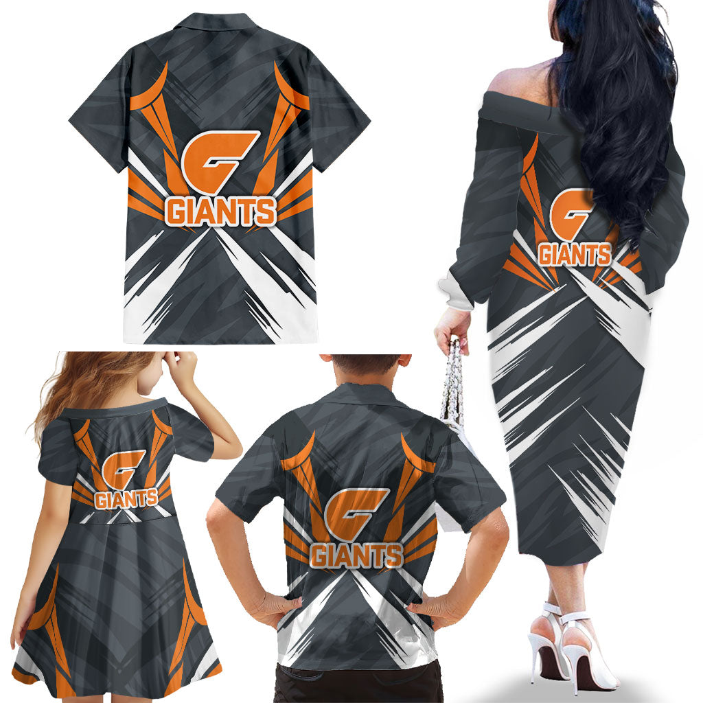 Greater Western Sydney Giants Australian Football Family Matching Off The Shoulder Long Sleeve Dress and Hawaiian Shirt Powerful Muscle Mascot With Geometric Sunburst Motion Art