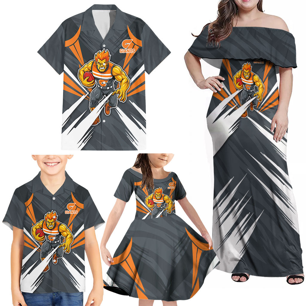Greater Western Sydney Giants Australian Football Family Matching Off Shoulder Maxi Dress and Hawaiian Shirt Powerful Muscle Mascot With Geometric Sunburst Motion Art