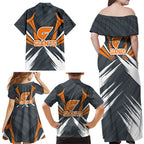Greater Western Sydney Giants Australian Football Family Matching Off Shoulder Maxi Dress and Hawaiian Shirt Powerful Muscle Mascot With Geometric Sunburst Motion Art