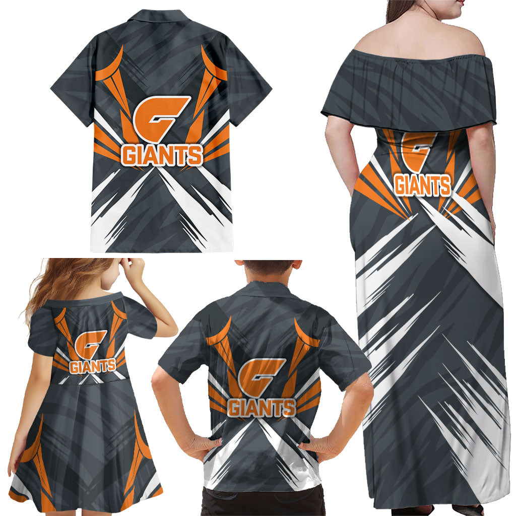 Greater Western Sydney Giants Australian Football Family Matching Off Shoulder Maxi Dress and Hawaiian Shirt Powerful Muscle Mascot With Geometric Sunburst Motion Art