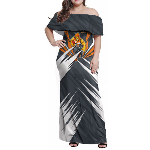 Greater Western Sydney Giants Australian Football Family Matching Off Shoulder Maxi Dress and Hawaiian Shirt Powerful Muscle Mascot With Geometric Sunburst Motion Art
