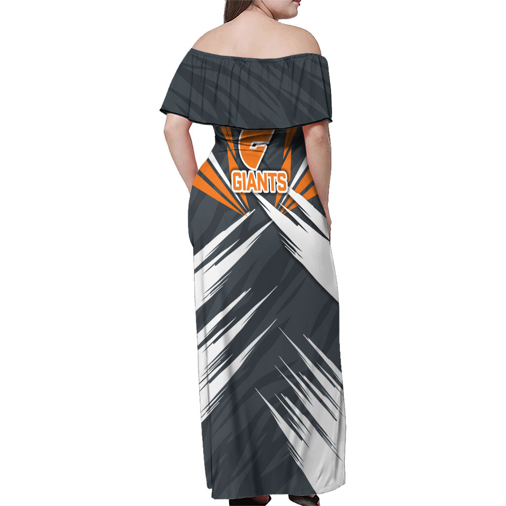 Greater Western Sydney Giants Australian Football Family Matching Off Shoulder Maxi Dress and Hawaiian Shirt Powerful Muscle Mascot With Geometric Sunburst Motion Art