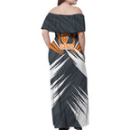 Greater Western Sydney Giants Australian Football Family Matching Off Shoulder Maxi Dress and Hawaiian Shirt Powerful Muscle Mascot With Geometric Sunburst Motion Art