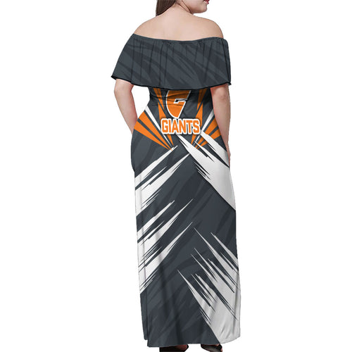 Greater Western Sydney Giants Australian Football Family Matching Off Shoulder Maxi Dress and Hawaiian Shirt Powerful Muscle Mascot With Geometric Sunburst Motion Art