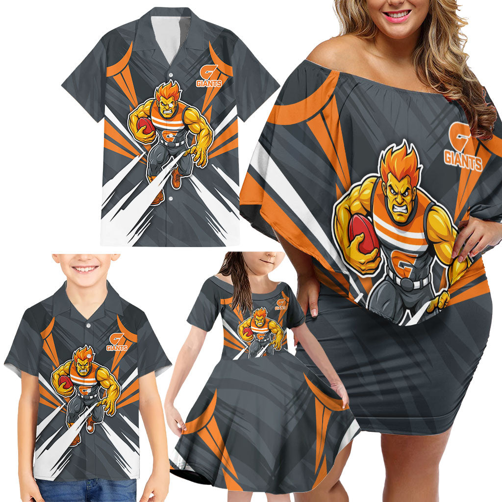 Greater Western Sydney Giants Australian Football Family Matching Off Shoulder Short Dress and Hawaiian Shirt Powerful Muscle Mascot With Geometric Sunburst Motion Art